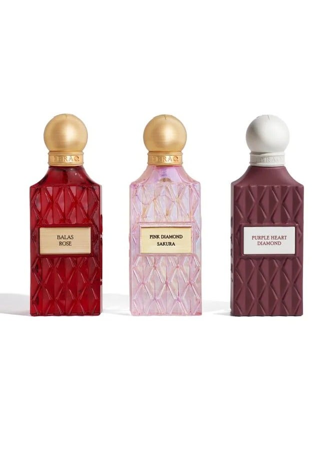 IBRAQ DIAMOND MAROON BOX – Pink Diamond Sakura, Purple Heart Diamond & Balas Rose Perfume Collection (75ml Each) - Image 2