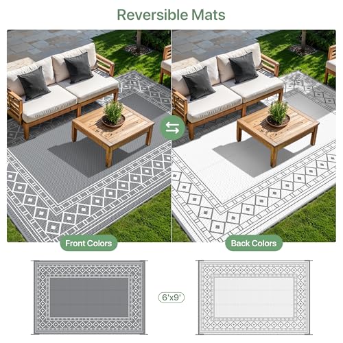 GENIMO Outdoor Rug Waterproof for Patio Decor, 6'x9' Reversible Plastic Straw Area Carpet, Camping Outside Mat for Outdoor, RV, Deck, Camper, Balcony, Picnic, Grey & White - Image 4
