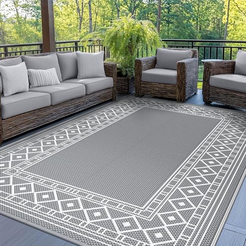 GENIMO Outdoor Rug Waterproof for Patio Decor, 6'x9' Reversible Plastic Straw Area Carpet, Camping Outside Mat for Outdoor, RV, Deck, Camper, Balcony, Picnic, Grey & White - Image 1
