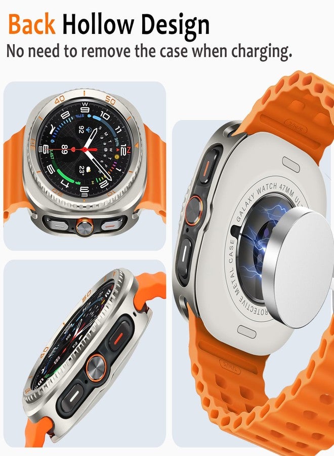 Amizee 3 in 1 Metal Case for Samsung Galaxy Watch Ultra/Ultra 2(2025) 47mm with Screen Protector, Rugged Bumper Scratch Resistant Protection Cover for Galaxy Watch 7/8 Ultra, Numeric-Titanium/Orange - Image 5