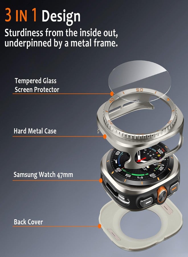 Amizee 3 in 1 Metal Case for Samsung Galaxy Watch Ultra/Ultra 2(2025) 47mm with Screen Protector, Rugged Bumper Scratch Resistant Protection Cover for Galaxy Watch 7/8 Ultra, Numeric-Titanium/Orange - Image 3