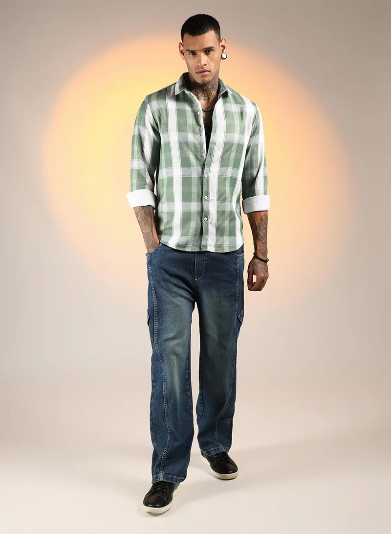 Campus Sutra Men's Sage Green Tartan Plaid Shirt