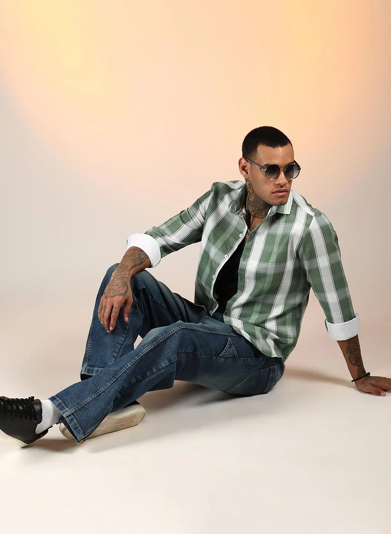 Campus Sutra Men's Sage Green Tartan Plaid Shirt