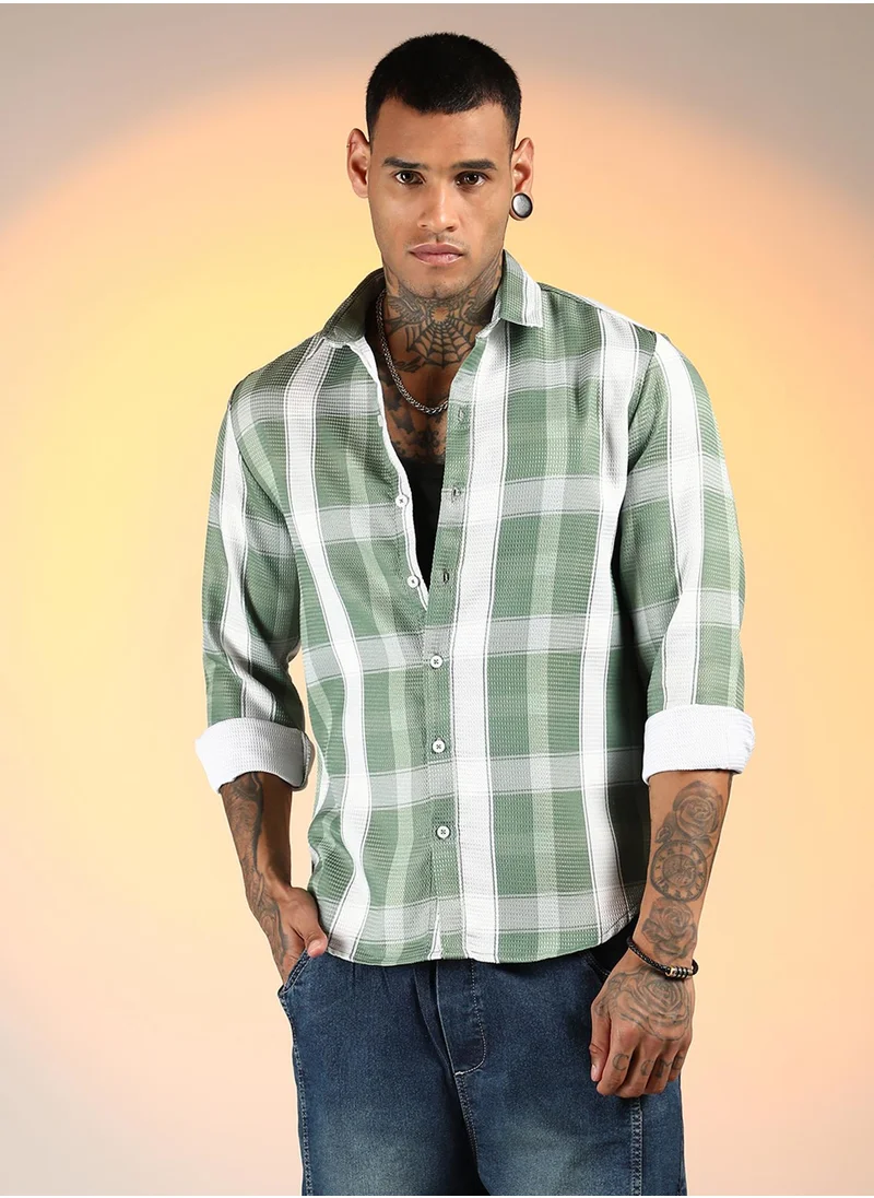 Campus Sutra Men's Sage Green Tartan Plaid Shirt