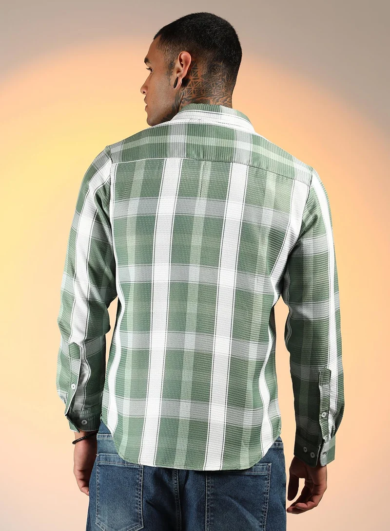 Campus Sutra Men's Sage Green Tartan Plaid Shirt