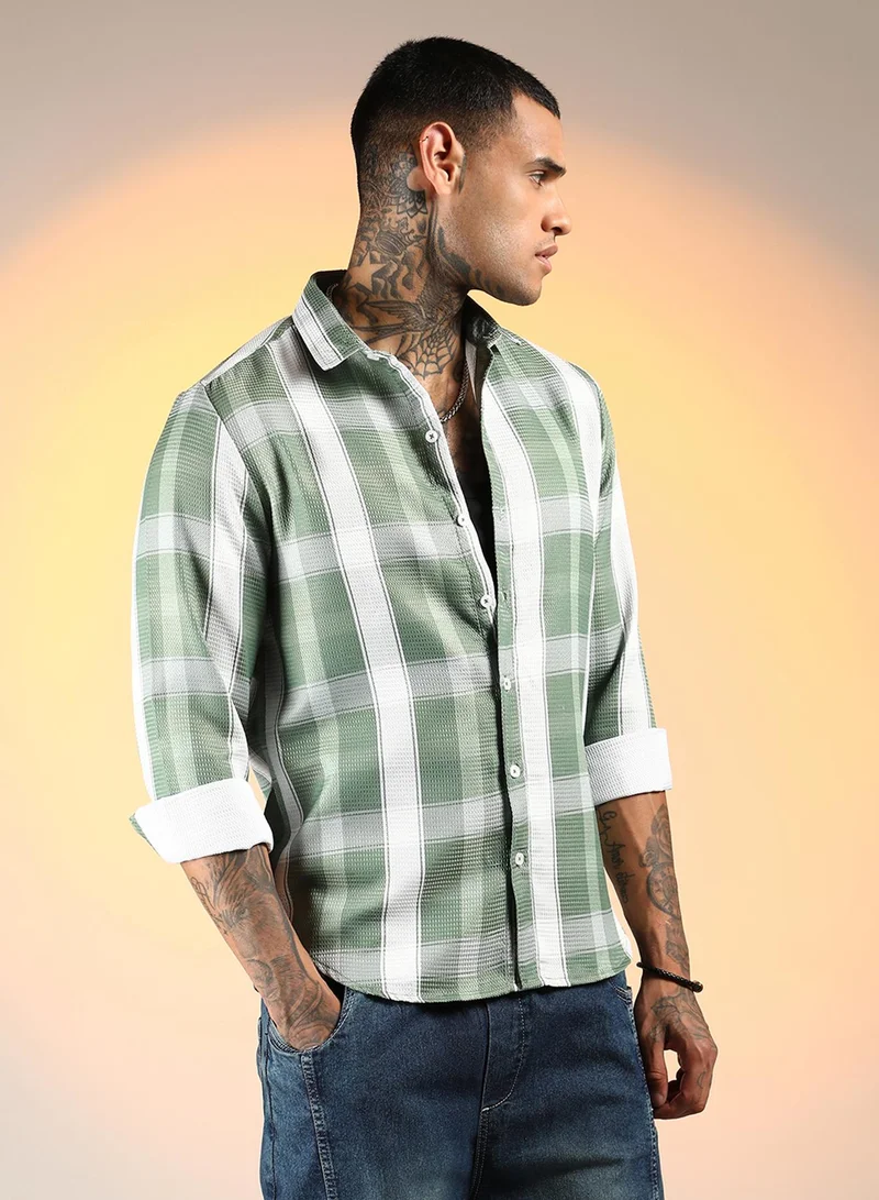 Campus Sutra Men's Sage Green Tartan Plaid Shirt