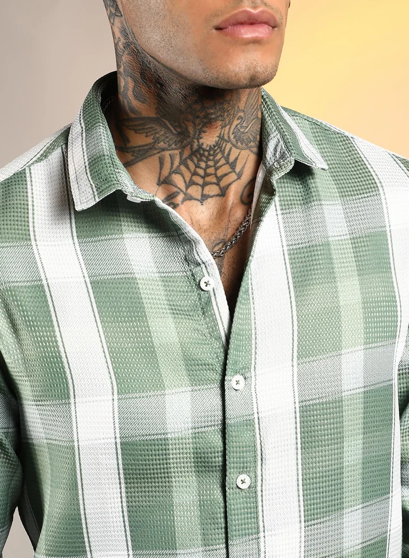 Campus Sutra Men's Sage Green Tartan Plaid Shirt