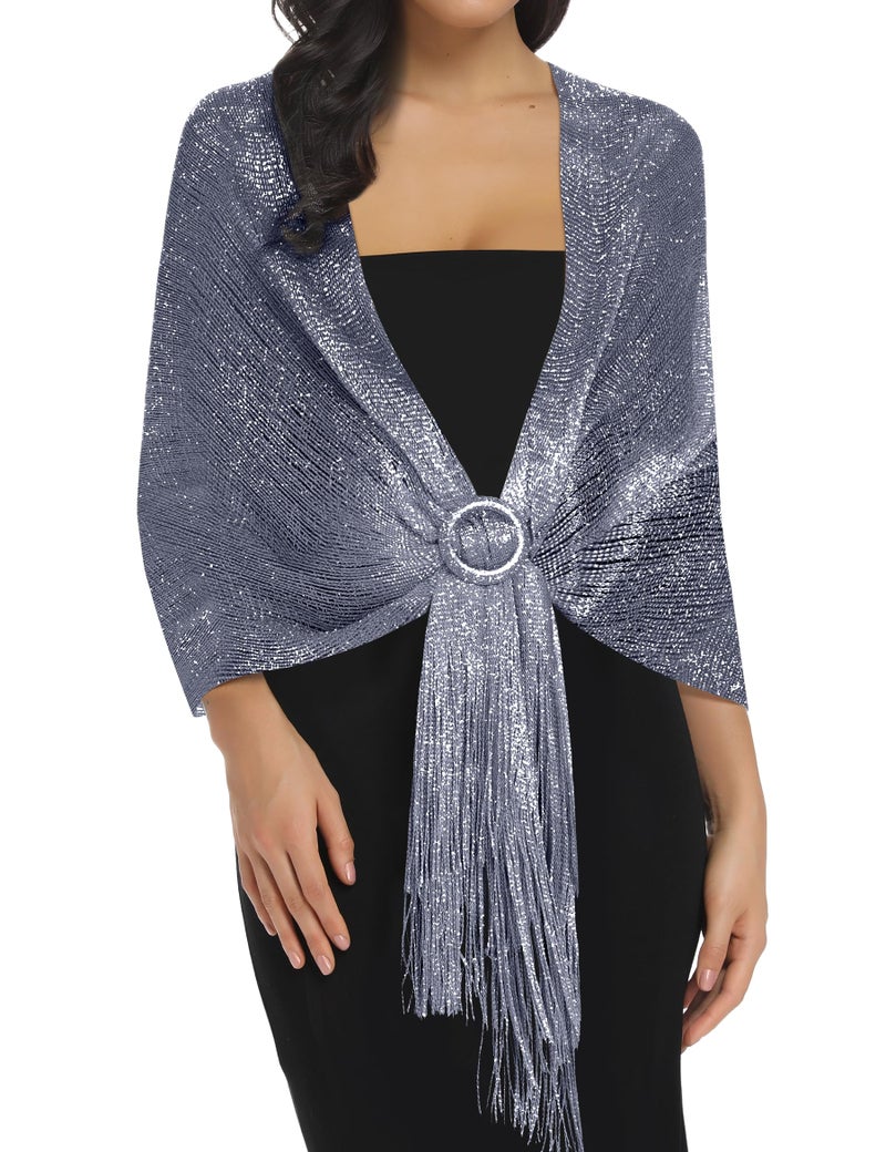 Rheane Navy Blue Evening Wraps Shawls and Wraps for Weddings Fall Sheer Dressy Scarf (Navy with Silver Glitter) - Image 1