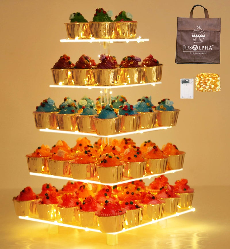Jusalpha 5 Tier Square Cupcake Stand  Premium Cupcake Holder  Acrylic Cupcake Tower  Ideal for Weddings Birthday Parties Candy Bar Decor 5SFS LED Light Option Battery