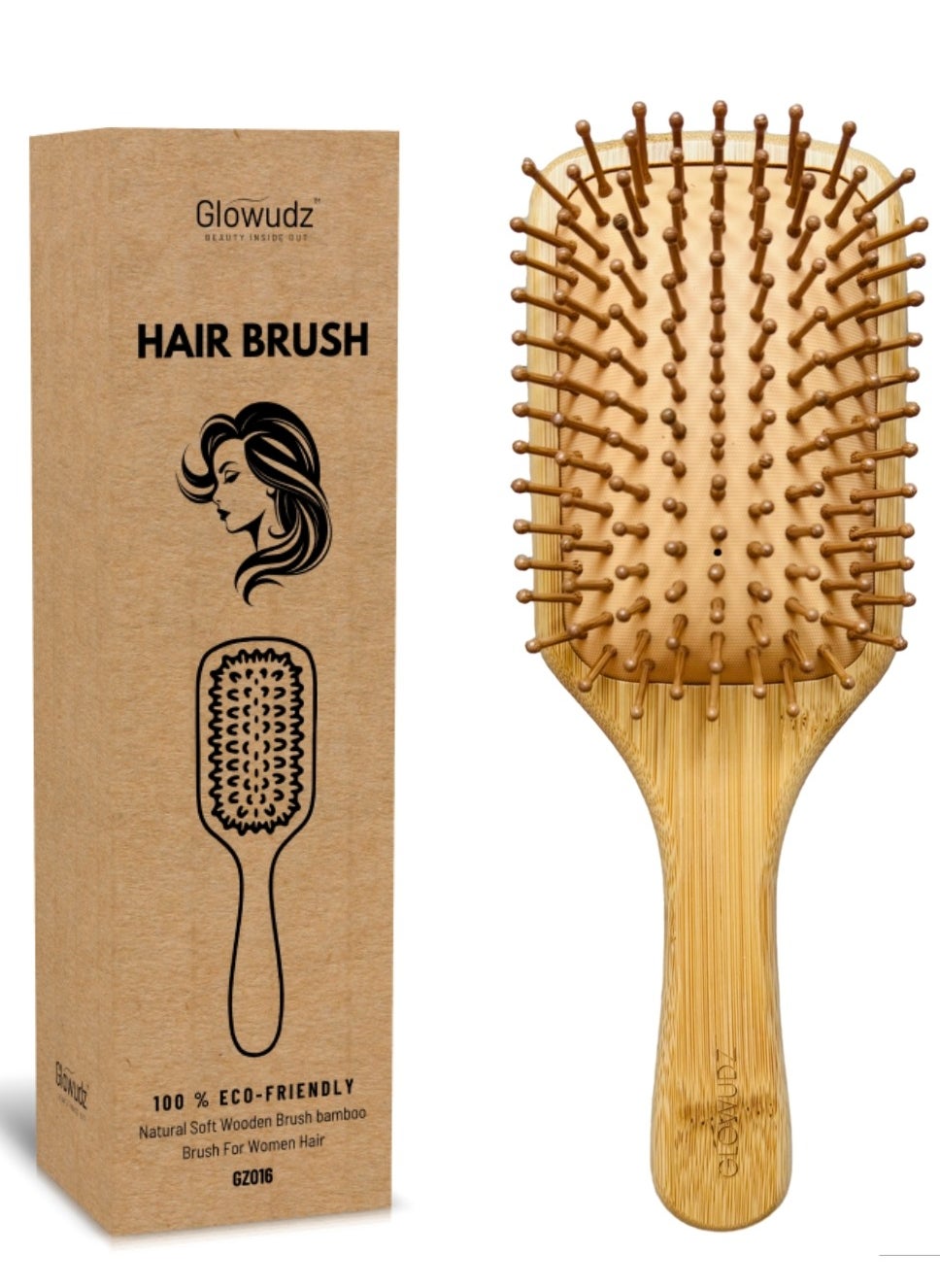 Glowudz Natural Bamboo Hair Brush Detangling Head Relaxing Massage Comb 