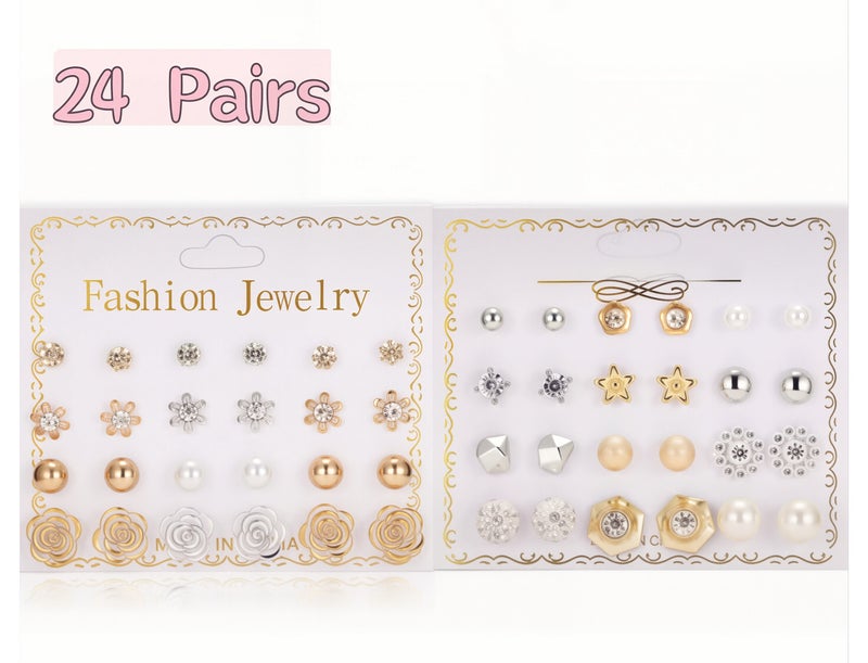 ووفيكسر مجموعة من 24 زوجًا من الأقراط المرصعة المتنوعة للنساء والفتيات، أقراط ذهبية وفضية مرصعة بالكريستال واللؤلؤ على شكل زهرة وردة، عبوة هدايا مجوهرات عصرية مضادة للحساسية، إكسسوارات للاستخدام اليومي - Image 1