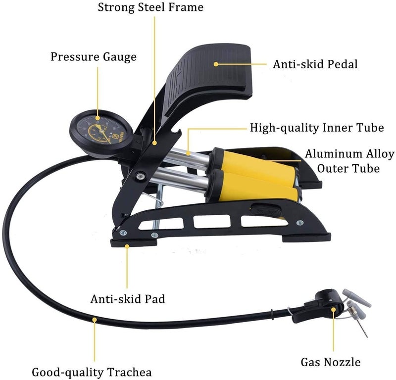 Styxon/Portable Floor Bike Pump with Pressure Gauge,Double Cylinder Foot Pump is Suitable for Bicycle, Motorcycle, Car, Ball and Other Inflatable Products,Floor Pump for Bike Tires - Image 3