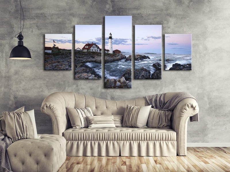 Wieco Art Large Canvas Prints Wall Art Portland Lighthouse Landscape Pictures to Photo Paintings for Kitchen Bathroom Home Decoration Wall Decor 5 Panels Modern Gallery Wrapped Seascape - Image 3