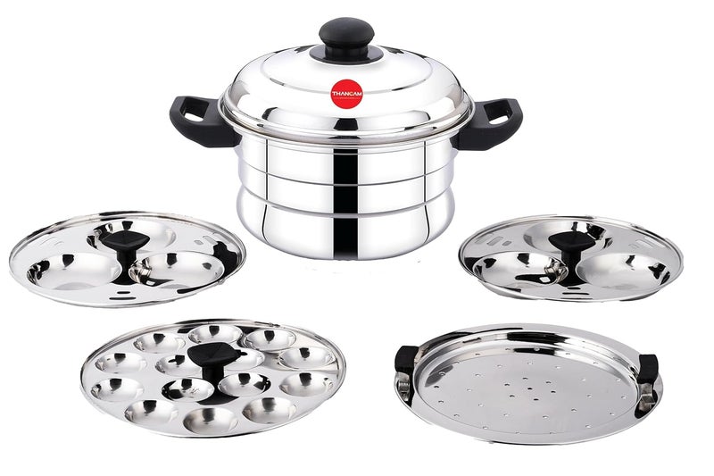 Thangam Stainless Steel Idli Maker 3 Plates 12 idlies Idly CookerSteamer 29x19cm Silver with Mini Idly Plate and Steamer Plate