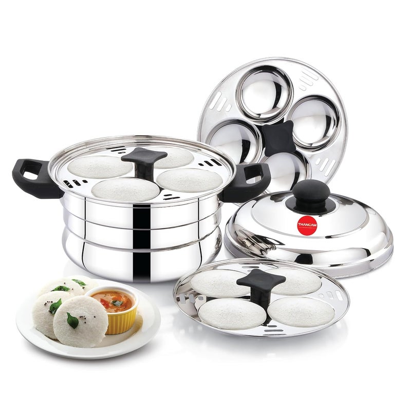 Thangam Stainless Steel Idli Maker 3 Plates 12 idlies Idly CookerSteamer 29x19cm Silver with Mini Idly Plate and Steamer Plate
