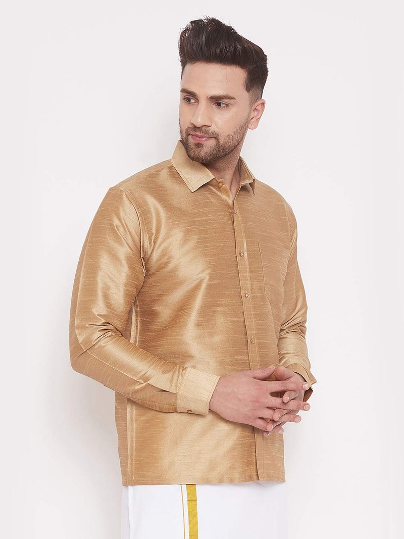 VASTRAMAY Men's Rose Gold Ethnic Silk Blend Shirt Full Sleeves – South Indian Shirt in Rose Gold, For Casual, Formal, Wedding & Festival Wear (S - XL) - Image 2