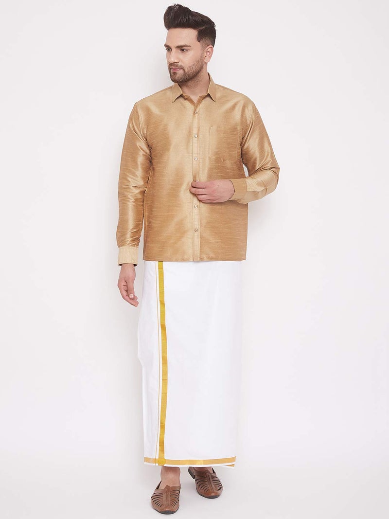VASTRAMAY Men's Rose Gold Ethnic Silk Blend Shirt Full Sleeves – South Indian Shirt in Rose Gold, For Casual, Formal, Wedding & Festival Wear (S - XL) - Image 5