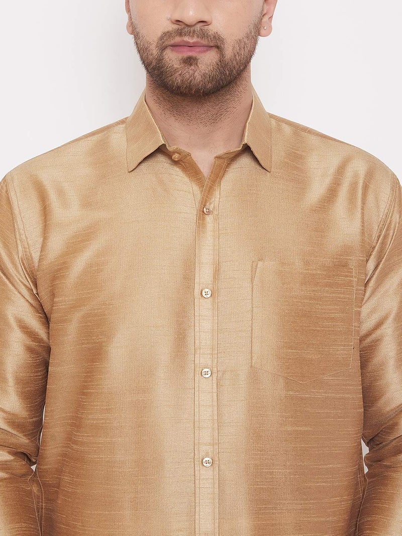 VASTRAMAY Men's Rose Gold Ethnic Silk Blend Shirt Full Sleeves – South Indian Shirt in Rose Gold, For Casual, Formal, Wedding & Festival Wear (S - XL) - Image 4