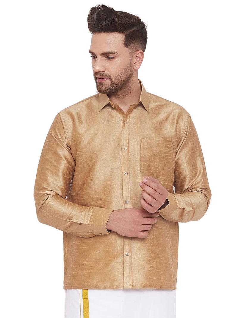 VASTRAMAY Men's Rose Gold Ethnic Silk Blend Shirt Full Sleeves – South Indian Shirt in Rose Gold, For Casual, Formal, Wedding & Festival Wear (S - XL) - Image 1