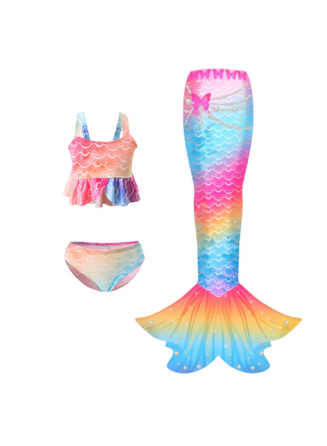 Generic Children's Mermaid Swimsuit Large Medium And Small Girls Princess Dress Performance Clothing Three-Piece Set Women's Split Bikini Swimsuit-Color:Colored Tulle (top + Shorts + Tail)- - Image 4