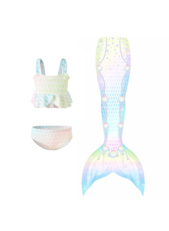 Generic Children's Mermaid Swimsuit Large Medium And Small Girls Princess Dress Performance Clothing Three-Piece Set Women's Split Bikini Swimsuit-Color:Colored Tulle (top + Shorts + Tail)- - Image 5
