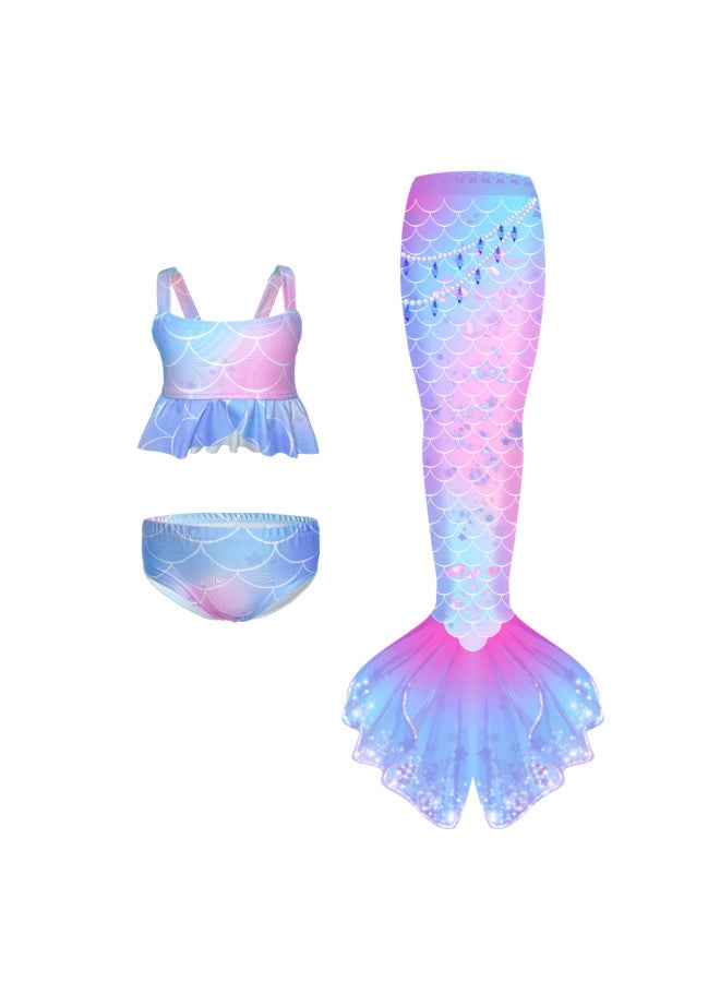 Generic Children's Mermaid Swimsuit Large Medium And Small Girls Princess Dress Performance Clothing Three-Piece Set Women's Split Bikini Swimsuit-Color:Colored Tulle (top + Shorts + Tail)- - Image 3