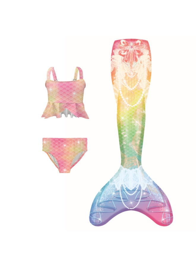Generic Children's Mermaid Swimsuit Large Medium And Small Girls Princess Dress Performance Clothing Three-Piece Set Women's Split Bikini Swimsuit-Color:Colored Tulle (top + Shorts + Tail)- - Image 1