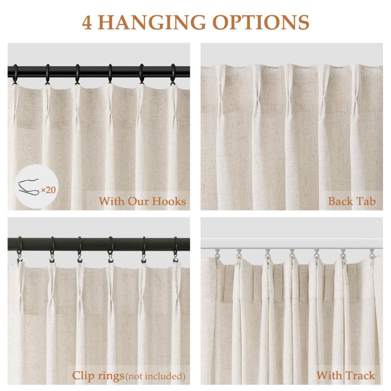 Aersas Pinch Pleated Linen Curtains 108 Inches Long For Living Room 2 Panels Set Cream Beige Flax Pleat Drapes Back Tab Semi Sheer Neutral Boho Ceiling To Floor 108 Inch Curtains For Bedroom Window 9 Ft - Image 2