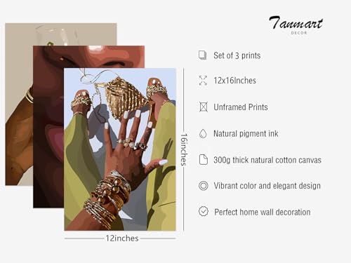 Tanmart Black Girl Wall Art African Woman Canvas Wall Decor American Black Women Wall Art Black Female Pictures Fashion Abstract Poster for Home Bedroom 12x16 Inch Unframed Set of 3 - Image 3