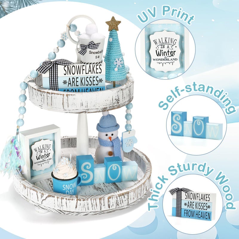 SYNCVIBE Winter Decoration for Home 8 PCS Tiered Tray Decor Set, Cute Christmas Blue Winter Wonderland Decor for Home Tray Shelf Fireplace Mantel Office Desk Indoor Snowman New Year Holiday Decorations Set - Image 3