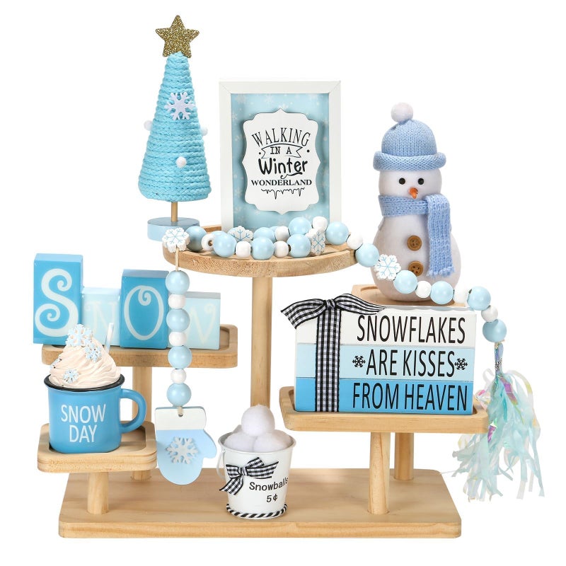 SYNCVIBE Winter Decoration for Home 8 PCS Tiered Tray Decor Set, Cute Christmas Blue Winter Wonderland Decor for Home Tray Shelf Fireplace Mantel Office Desk Indoor Snowman New Year Holiday Decorations Set - Image 1