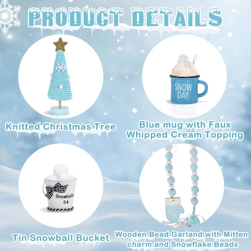SYNCVIBE Winter Decoration for Home 8 PCS Tiered Tray Decor Set, Cute Christmas Blue Winter Wonderland Decor for Home Tray Shelf Fireplace Mantel Office Desk Indoor Snowman New Year Holiday Decorations Set - Image 4