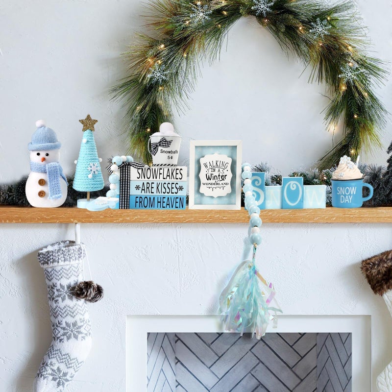 SYNCVIBE Winter Decoration for Home 8 PCS Tiered Tray Decor Set, Cute Christmas Blue Winter Wonderland Decor for Home Tray Shelf Fireplace Mantel Office Desk Indoor Snowman New Year Holiday Decorations Set - Image 5