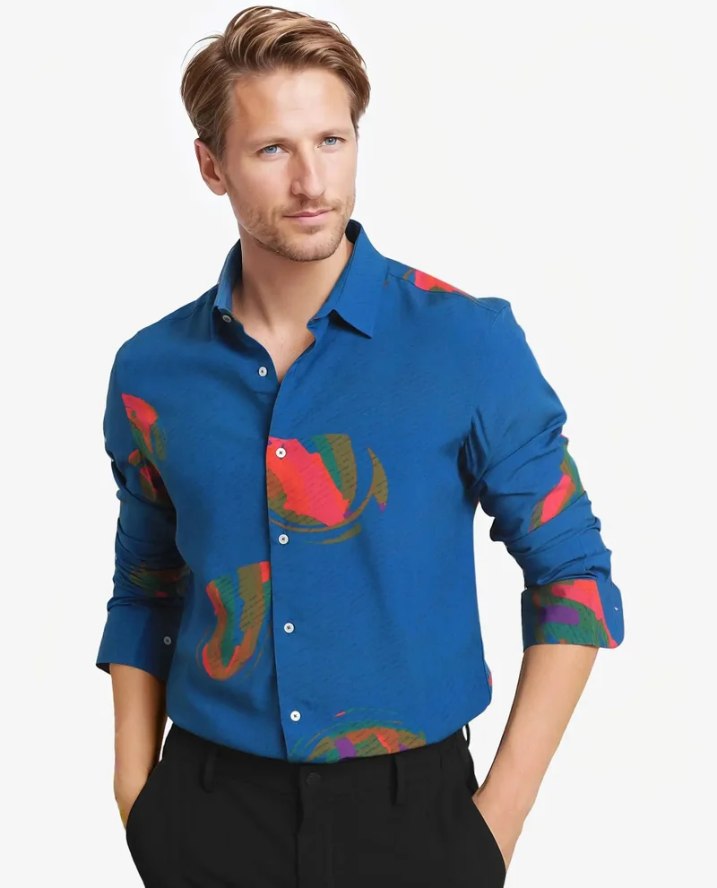Rare Rabbit Rare Rabbit Men's Palme Blue Viscose Fabric Abstract Print Full Sleeves Shirt