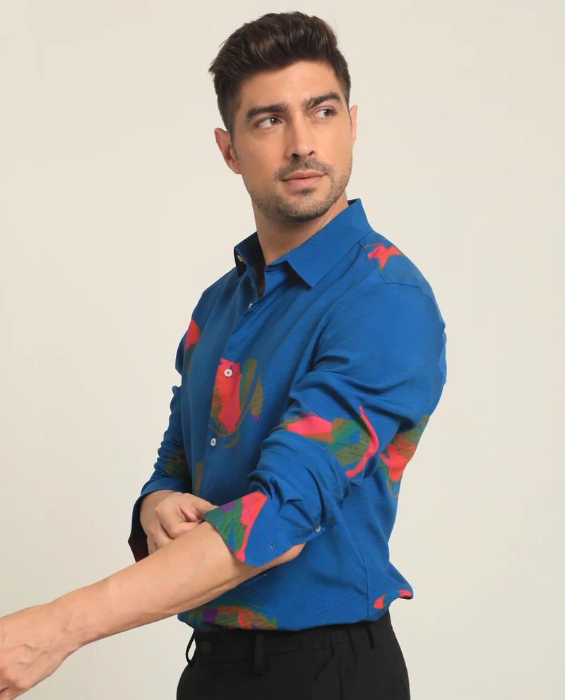 Rare Rabbit Rare Rabbit Men's Palme Blue Viscose Fabric Abstract Print Full Sleeves Shirt