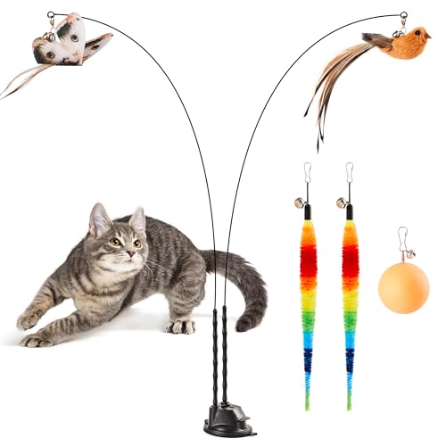 Potaroma Suction Cup Cat Wand Toys DualWand Interactive Kitten Toy for Indoor Cats with 5 Pcs Feathers Balls Attachments Charcoal Base - Image 1