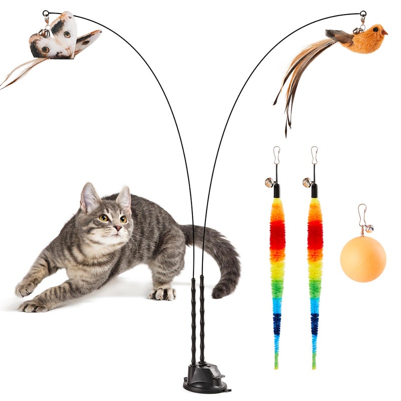 Potaroma Suction Cup Cat Wand Toys DualWand Interactive Kitten Toy for Indoor Cats with 5 Pcs Feathers Balls Attachments Charcoal Base - Image 2