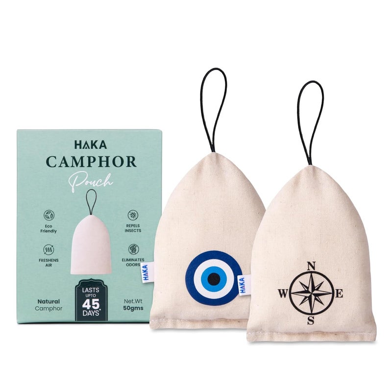 Haka Camphor Dome Pouch for Car/Wardrobe/Bathroom & Room - 100% Pure Camphor | Multipurpose Natural Chemical Free Air Freshener | Eco-Friendly Aroma Bag (Pack of 2) (Evil Eye, Compass, Natural) - Image 1