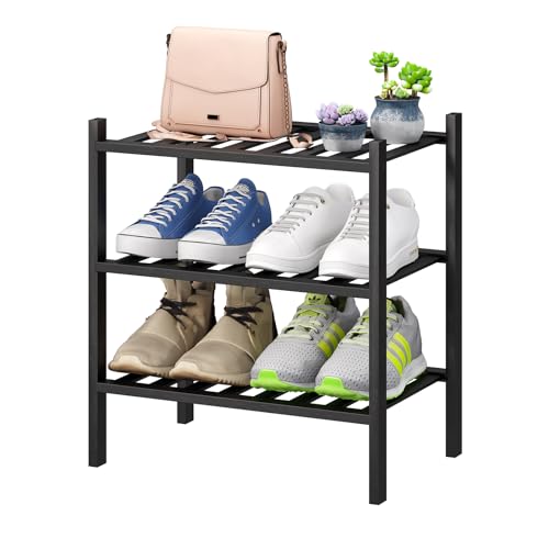 viewcare Small Shoe Rack for Entryway3Tier Black Bamboo Shoe Organizer for Hallway Closet Free Standing Shoe Racks for Indoor Outdoor