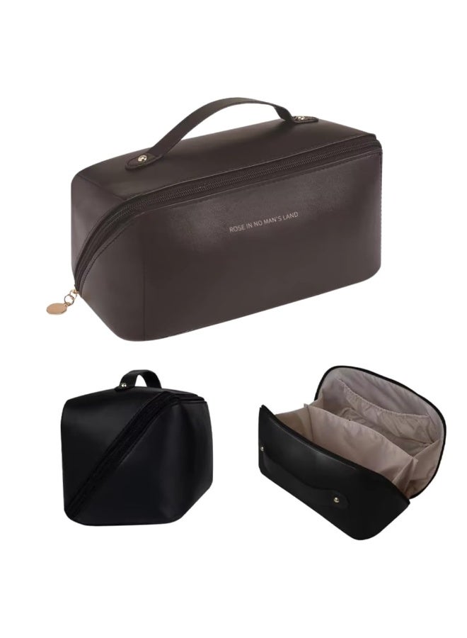 Lazer Travel Cosmetic Makeup Pouches for Women Travel Organizer Bag Portable Pouch Open Flat Toiletry Bag Make Up Organizer with Divider and Handle (Black) - Image 1