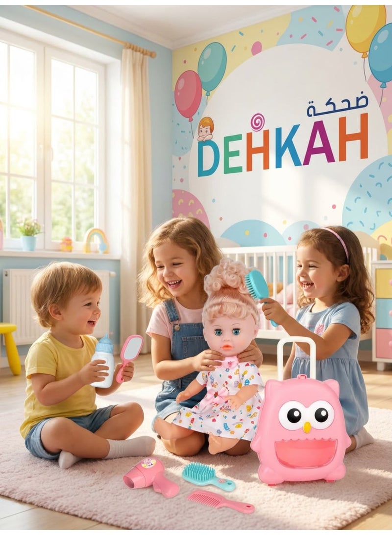 ضحكة  دمية طفل "بيبي سويت لوف" التفاعلية 14 بوصة مع حقيبة سفر على شكل بومة ومجموعة إكسسوارات تصفيف الشعر - تصدر 10 أصوات ممتعة - لعبة مثالية للبنات سن 3 سنوات فما فوق - Image 2