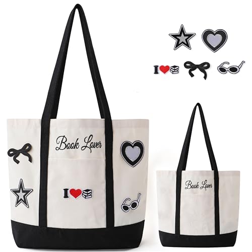 Vane Oak Canvas Tote Bag for Women, Book Lover Tote Bag with 5 Embroidery Patches Large Reusable Grocery Shopping Bag with Front Pockets DIY Your Creative Designs for Bookish Readers - Image 1