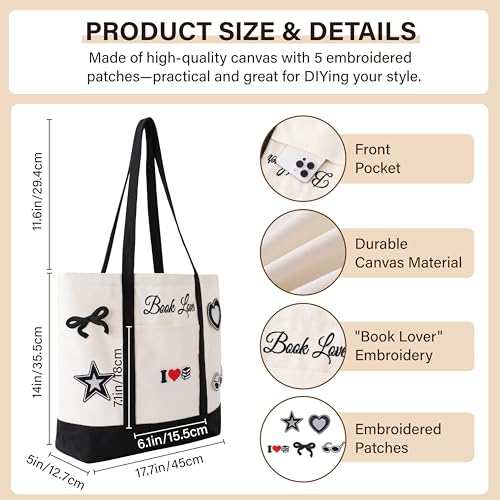 Vane Oak Canvas Tote Bag for Women, Book Lover Tote Bag with 5 Embroidery Patches Large Reusable Grocery Shopping Bag with Front Pockets DIY Your Creative Designs for Bookish Readers - Image 5