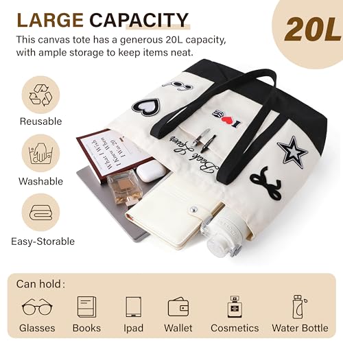 Vane Oak Canvas Tote Bag for Women, Book Lover Tote Bag with 5 Embroidery Patches Large Reusable Grocery Shopping Bag with Front Pockets DIY Your Creative Designs for Bookish Readers - Image 4