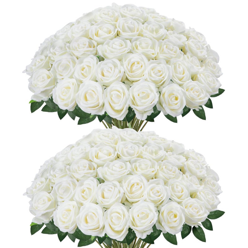InnoGear 50 Pcs White Roses Artificial Flowers, Fake Velvet Silk Rose Bulk Faux Flower for Decoration DIY Wedding Centerpieces Proposal Bridal Bouquets Shower Party Home Floral Decor (50, White) - Image 1