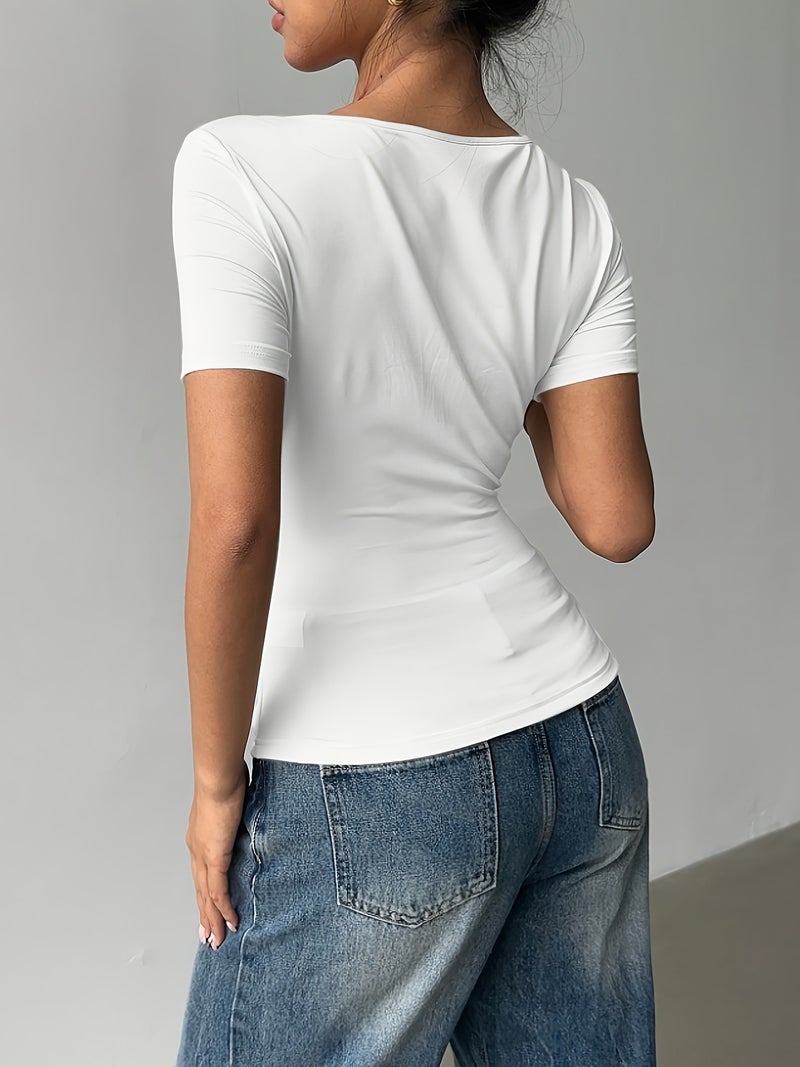 Chic Notched Lapel Short - Sleeve T - Shirt, New Fashionable Slim - Fit Casual Top for Women, Summer - White / XS - Image 3