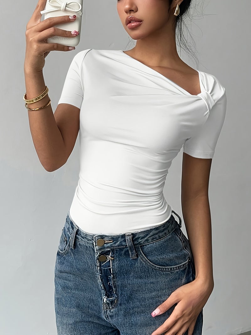 Chic Notched Lapel Short - Sleeve T - Shirt, New Fashionable Slim - Fit Casual Top for Women, Summer - White / XS - Image 2