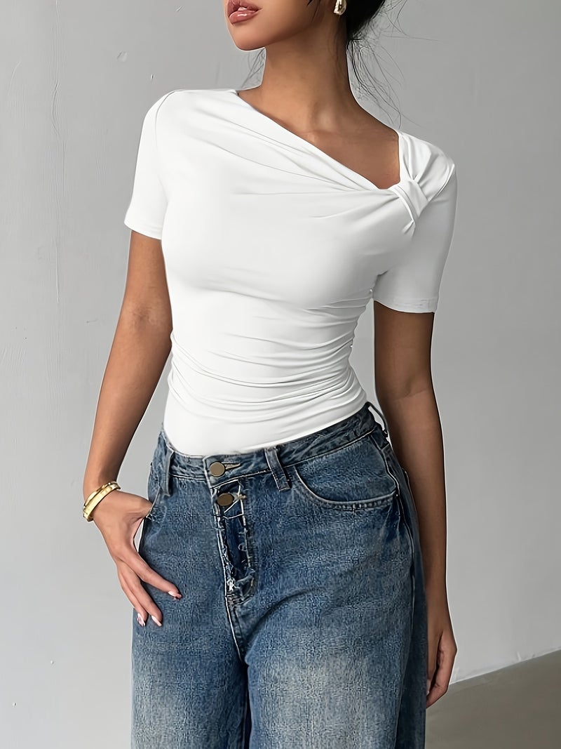 Chic Notched Lapel Short - Sleeve T - Shirt, New Fashionable Slim - Fit Casual Top for Women, Summer - White / XS - Image 4