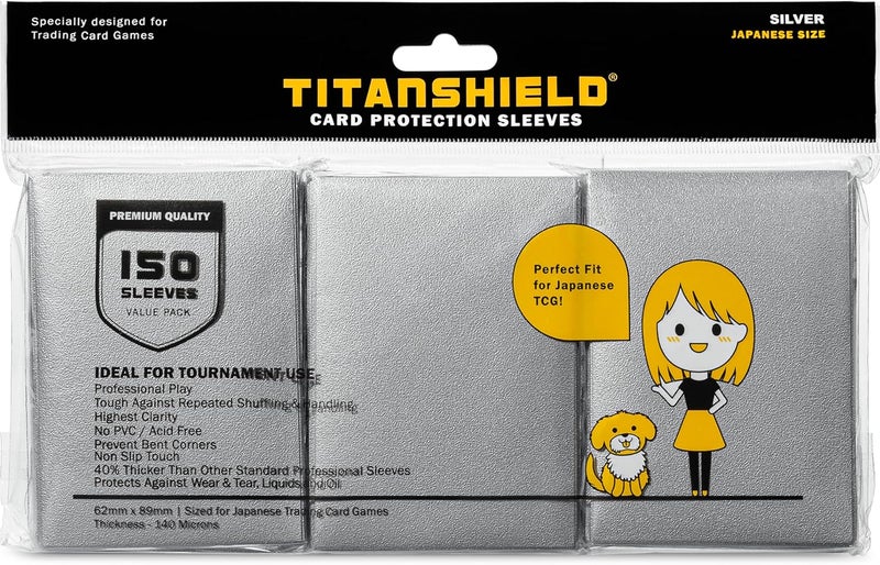 TitanShield (150 Sleeve/Silver) Small Japanese Sized Trading Card Sleeves Deck Protector Compatible with Yu-Gi-Oh!, Cardfight Vanguard & Photocards - Image 1