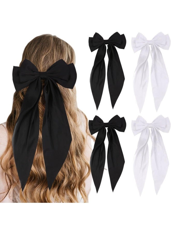 4 PCS Satin Big Large Hair Bows for Women, French Style Hair Ribbons Bowknot Hair Barrettes, Hair Accessories for Women Cute Bun Ponytail Bow Holder(Black,White) - Image 1